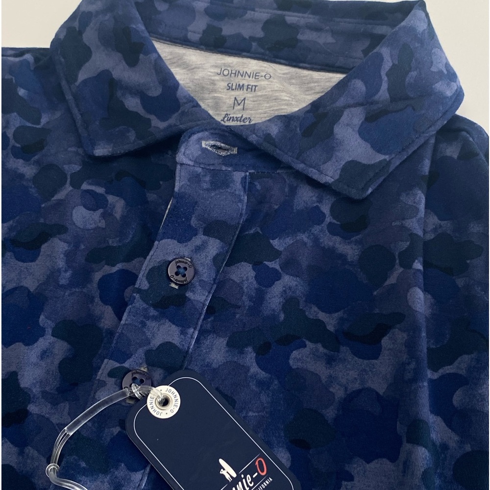 NWT Johnnie O Camino Camo Slim Fit Button Down Golf Polo‎ Shirt Navy Blue Medium